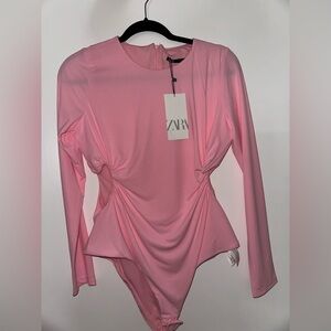 NWT Zara Heart Draped Bodysuit in Bubblegum Pink Size L